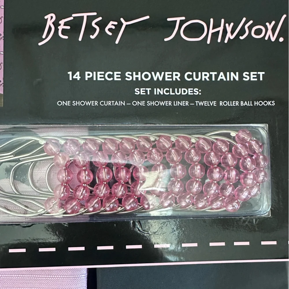 Betsy Johnson Black & Pink Cat & Bat Shower Curtain Set w/ Liner & Shower Hooks